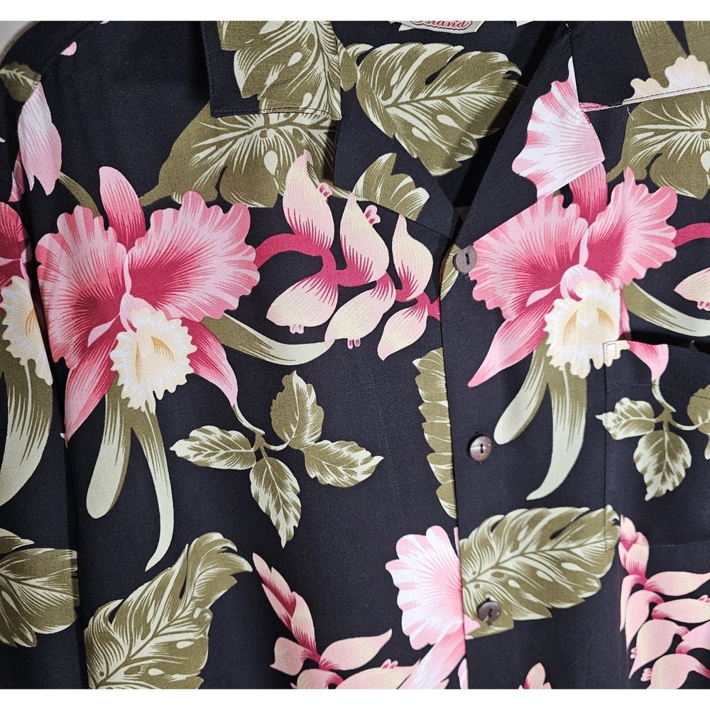 Sunny Island Shirt Mens Large Hawaiian Tropical Flowers Black Button Down - Picture 5 of 7